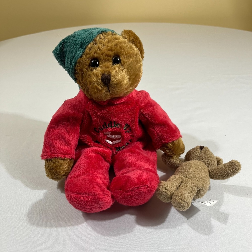 Galerie Au Chocolat Cuddle Up Book Bear Plush Red Pajamas Teal Hat 11" with Baby